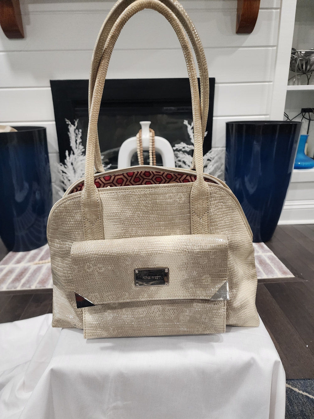 Nine West Cream Textured Tote with Front Pocket